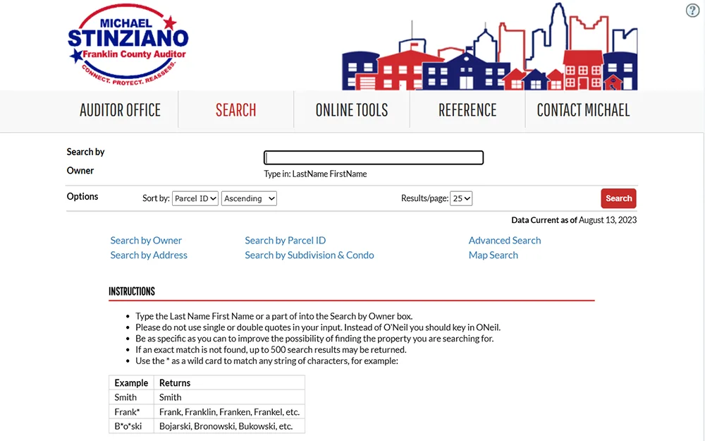A screenshot from the Franklin County Auditor's website shows the property search tool, featuring a search bar; below it are options, various criteria for searching, and instructions.