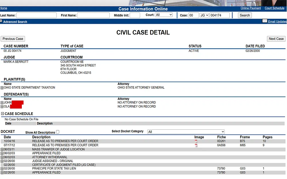 A screenshot from the Franklin County Clerk of Courts case information online search page displays a civil case detail, including information such as the case details, judge and courtroom assignment, plaintiffs, defendants, case schedule, and dockets.
