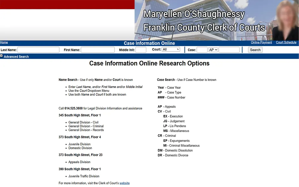 A screenshot from the Franklin County Clerk of Courts website displays the online case information search page, showcasing search criteria for full name, court type, and case type, along with a list of guidelines below.
