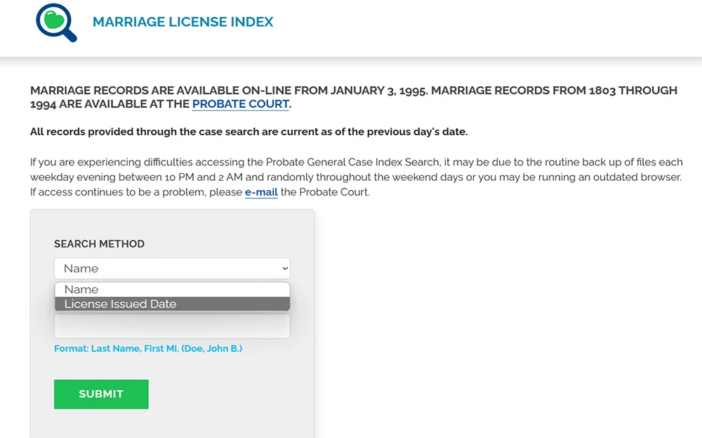 A screenshot from the Franklin County Probate Court displays the marriage license index page featuring a search box with two methods: searching by name and searching by license issue date, with a green submit button below it.