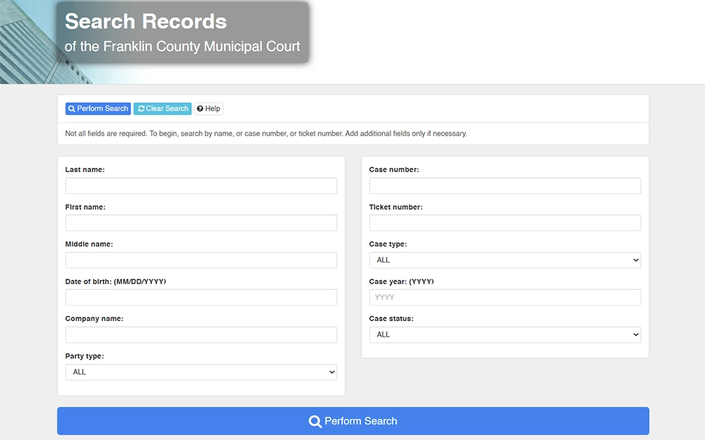 A screenshot from the Franklin County Municipal Clerk of Court's search records page displays a search criteria section with empty fields for information such as full name, date of birth, company name, party type, case number, ticket number, case type, and case status.