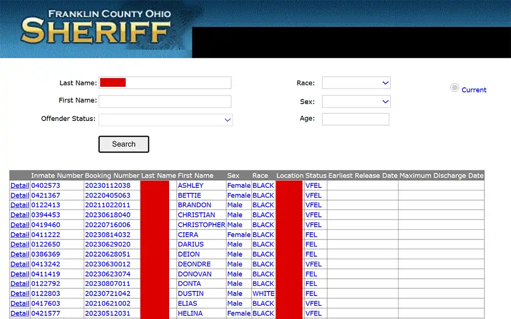 A screenshot from the Franklin County Sheriff's Office website displays their inmate information search tool, with search criteria including full name, offender status, race, sex, and age; below it, the search results show details such as inmate number, booking number, full name, sex, race, location, status, release, and discharge dates.