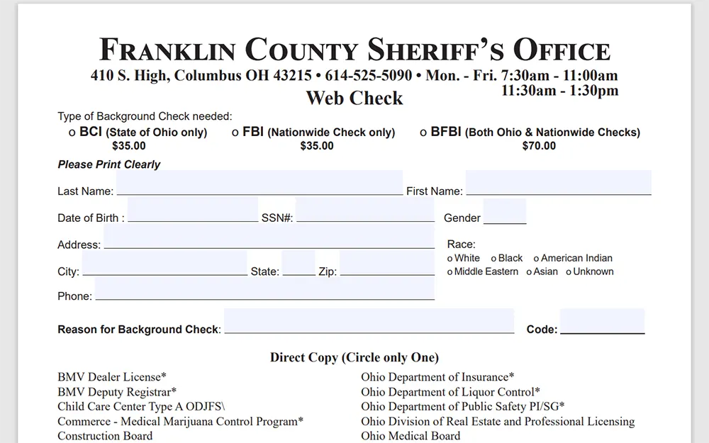 A screenshot from the Franklin County Sheriff's Office website shows the web check form on the BCI and fingerprinting services page, featuring empty fields to fill out including the type of background check, full name, date of birth, social security number, gender, address, race, phone number, reason for background check, and code.