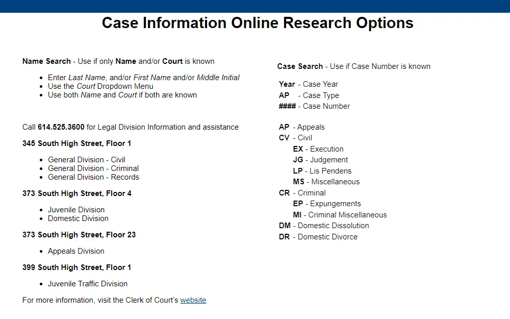 Screenshot of the research options in the case information online showing the meaning of the abbreviated case types.