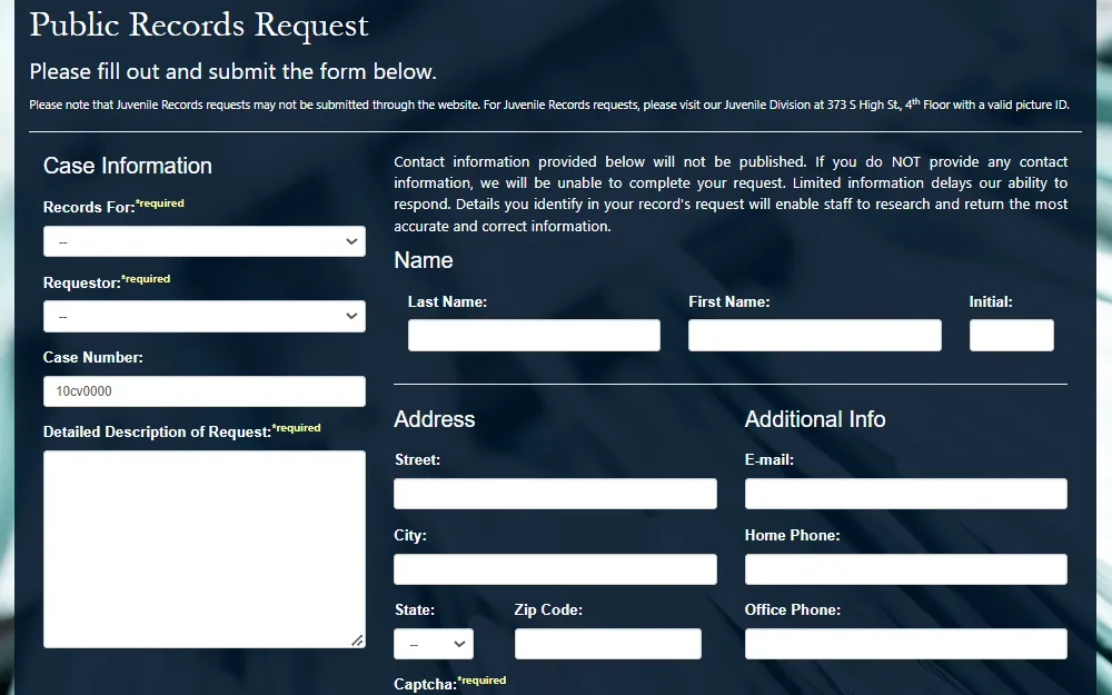 Screenshot of the online request form for public records with fields for requestor information and case details.