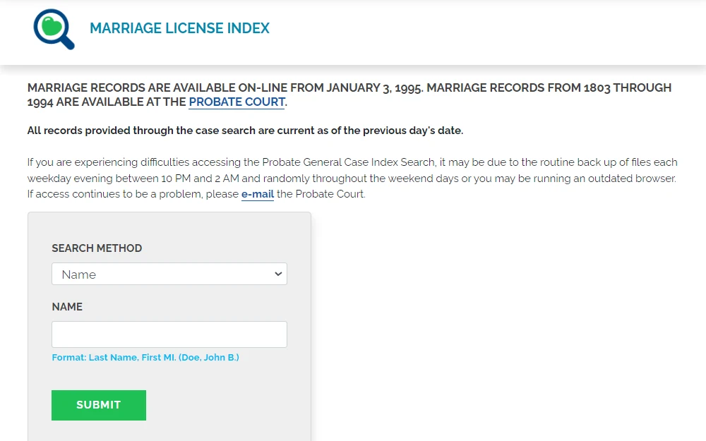 Screenshot of the marriage license index search tool, displaying a drop-down menu for search method, field for the required information, and a note regarding the available records.