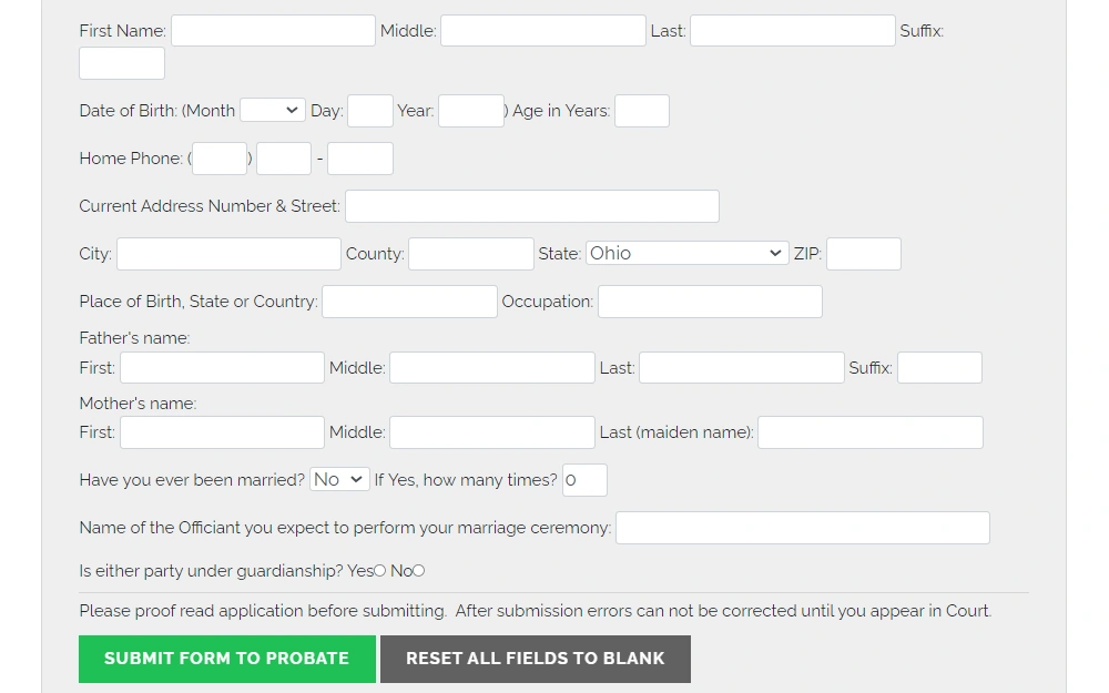 Screenshot of the lower section of the Franklin County Probate Court online application form for marriage license, which includes the second applicant's personal information, the name of the expected officiant of the ceremony, and the submission button.