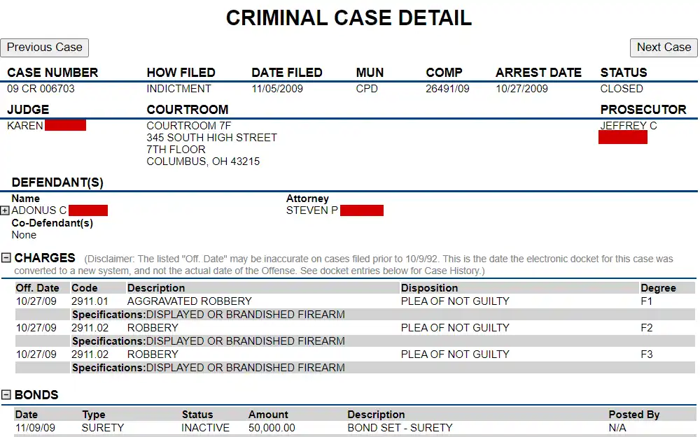A criminal case detail from the Franklin County Clerk of Courts, displaying the case number, filing and arrest dates, status, judge, courtroom, prosecutor, attorney, name of defendant, and charges.