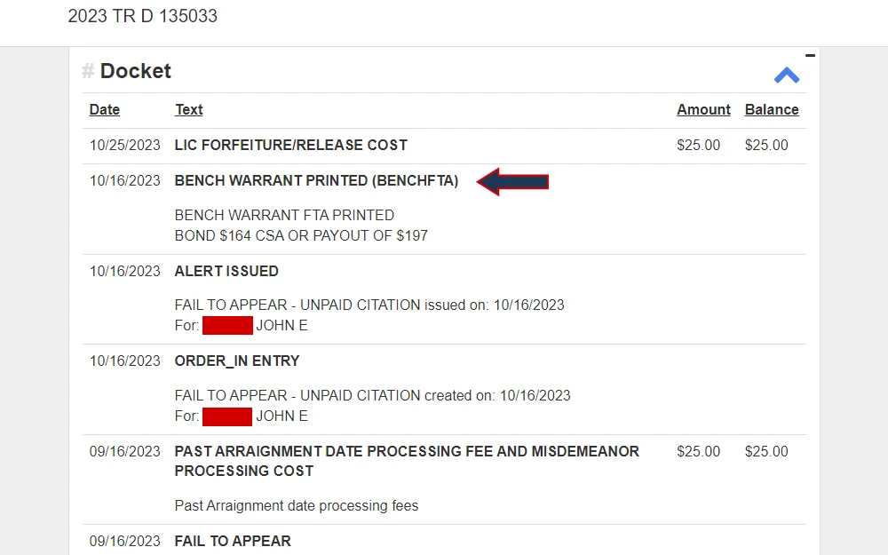 A screenshot of a dockets section from an offender's case detail from the case search of Franklin County Municipal Court, listing the events in reverse chronological order, emphasizing the issuance of a bench warrant.