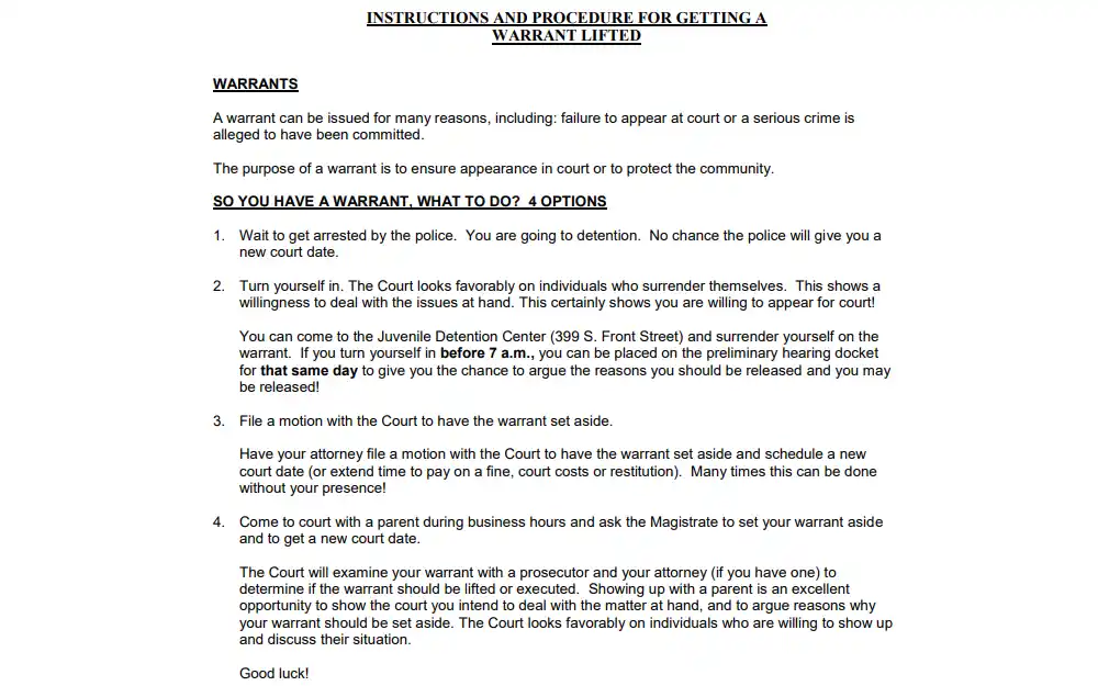 Screenshot of the detailed instruction about getting rid of the warrant issued against an individual, displaying the meaning of a warrant and the four options for action.